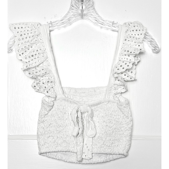 MISA LOS ANGELES Eyelet Flutter Strap‎ Tie Back Square Neck Smocked Crop Top S - Picture 13 of 16